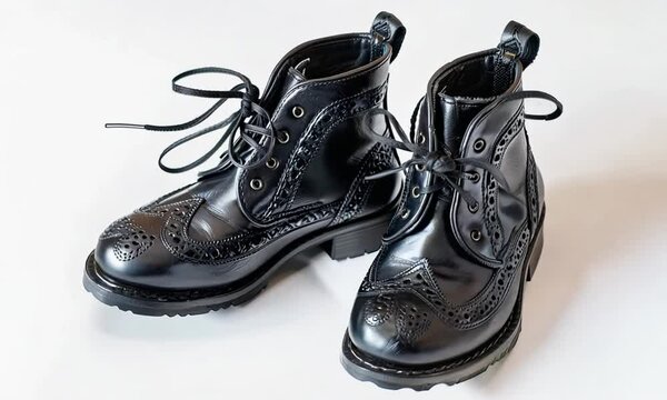 A Pair of Black Leather Brogue Boots with Laces