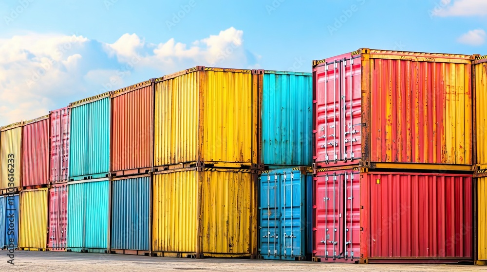 Poster stack of colorful cargo containers in a port