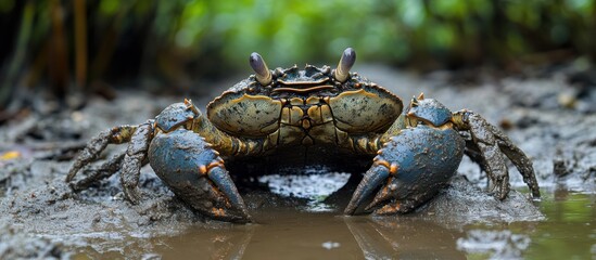 A blue crab with large claws stands on muddy ground, looking at the camera, with a blurry green background.