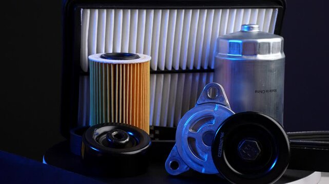 Auto parts car rotate on turntable, blue backlight. Fuel, oil, air filters and tension and guide rollers, poly V-belt, close-up. Replacement of auto parts. 