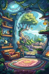 Obraz premium A cozy indoor garden room filled with lush greenery, bookshelves, and a sunlit view of a tree through a large window.