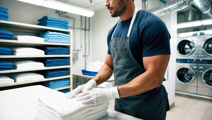 Industrial Laundry Facility Employee Organizes Clean Towels with Precision in a High-Tech Washing and Drying Area