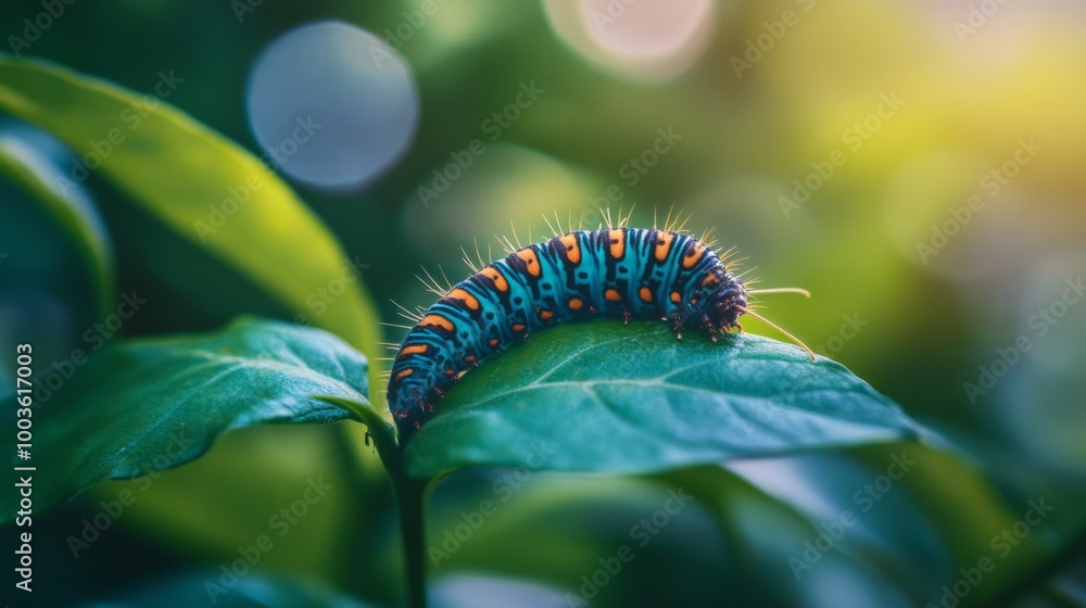 Poster a whimsical shot of a caterpillar crawling on a vibrant green leaf, with blurred background foliage,