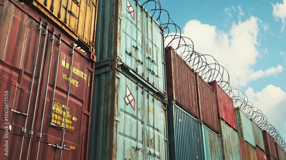 Poster a row of rusty shipping containers secured by barbed wire