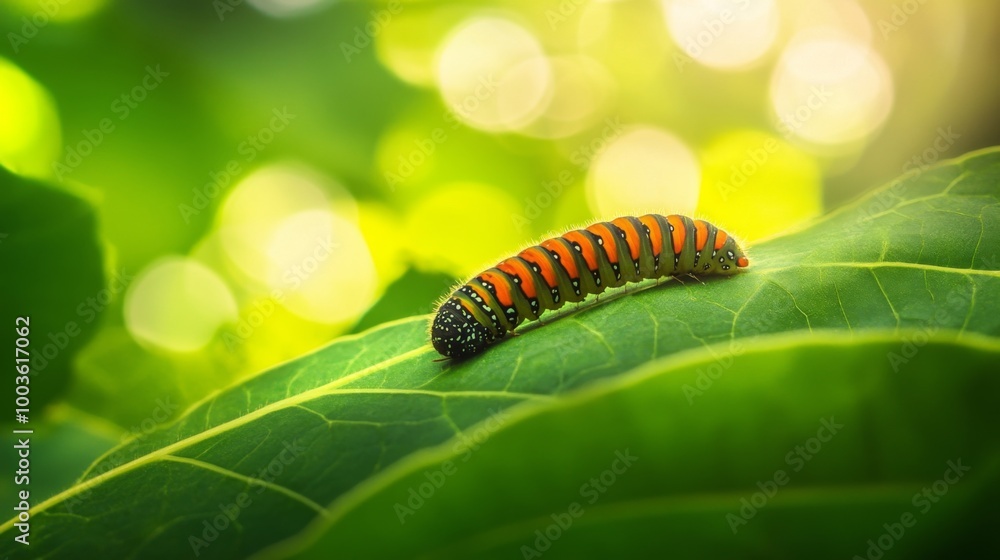 Poster a whimsical shot of a caterpillar crawling on a vibrant green leaf, with blurred background foliage,