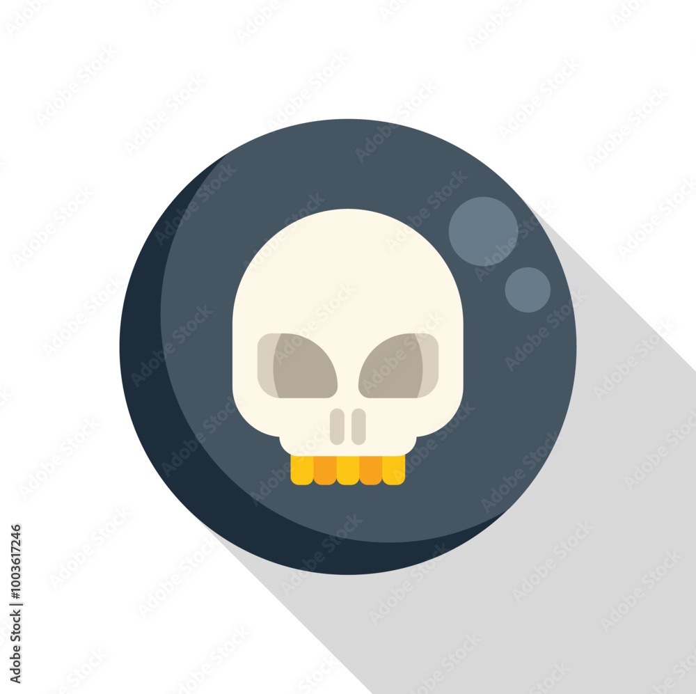 Poster flat vector icon of a white skull on a dark moon background, with a long shadow for a modern and min