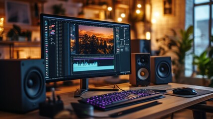 A modern workspace featuring a computer, speakers, and a vibrant sunset image on the screen.