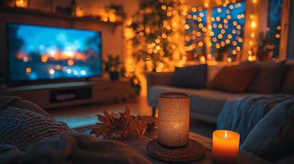 Cozy living room with warm lighting, candles, and a TV displaying a serene scene.