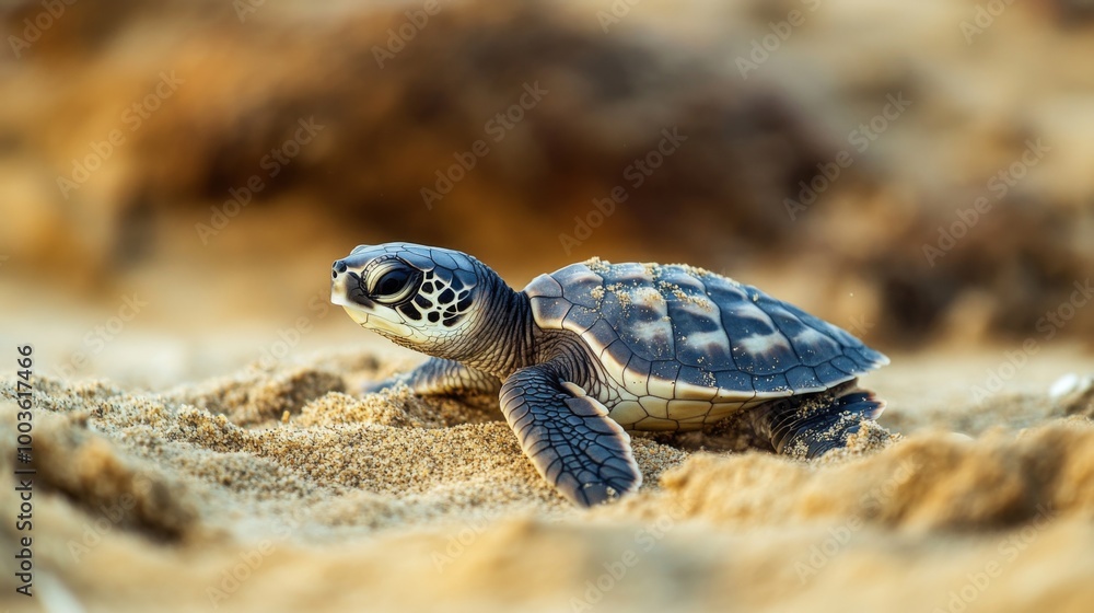 Poster A wide-angle view of a sea turtle hatchling making its way from the nest to the ocean, with a focus on the tiny turtle against a sandy beach backdrop.