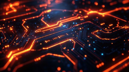 Fototapeta premium Abstract digital circuit design with glowing lines and nodes.