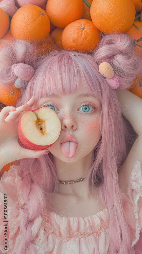 Wall mural A girl with pink hair and a crown on her head holding an apple in front of a pile of oranges