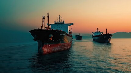 Obraz premium Cargo Ships Navigating Calm Waters at Sunset