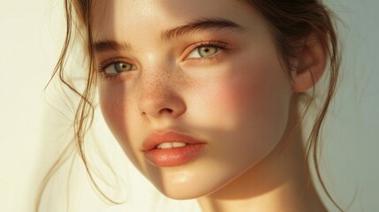 Fototapeta premium A young woman with clear skin and bright eyes, her face illuminated by soft sunlight, showcasing a fresh and natural look with no visible makeup