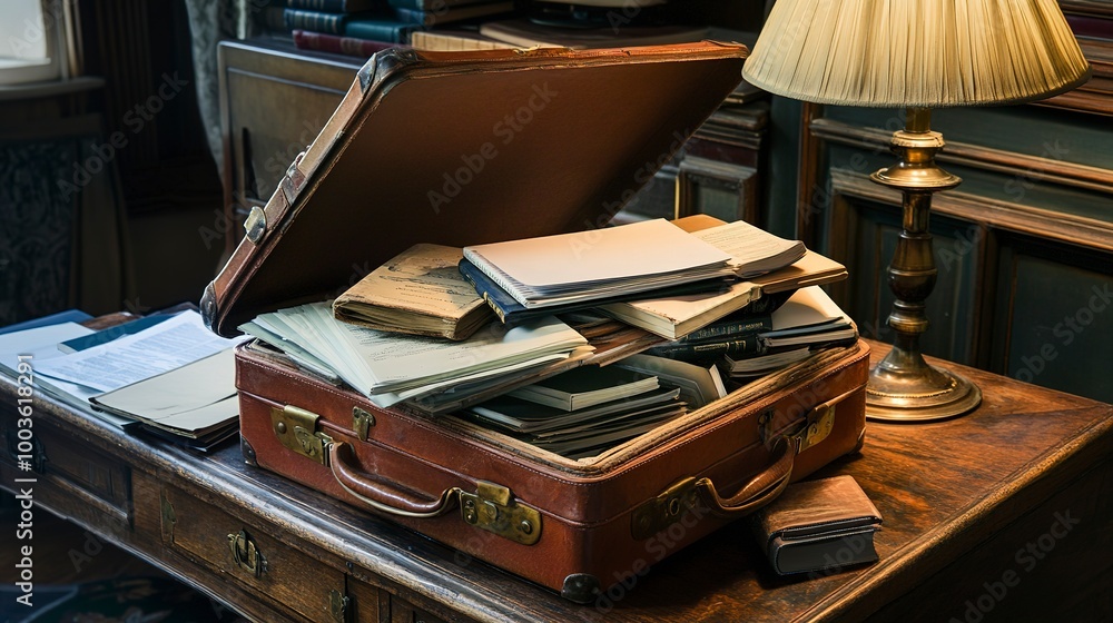 Poster an open leather suitcase full of books and papers on a table next to a lamp