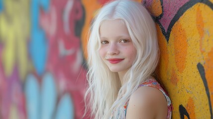 Teenage Albino Girl Smiling in Front of Colorful Urban Graffiti Wall Diversity and Inclusion in Modern Urban Culture