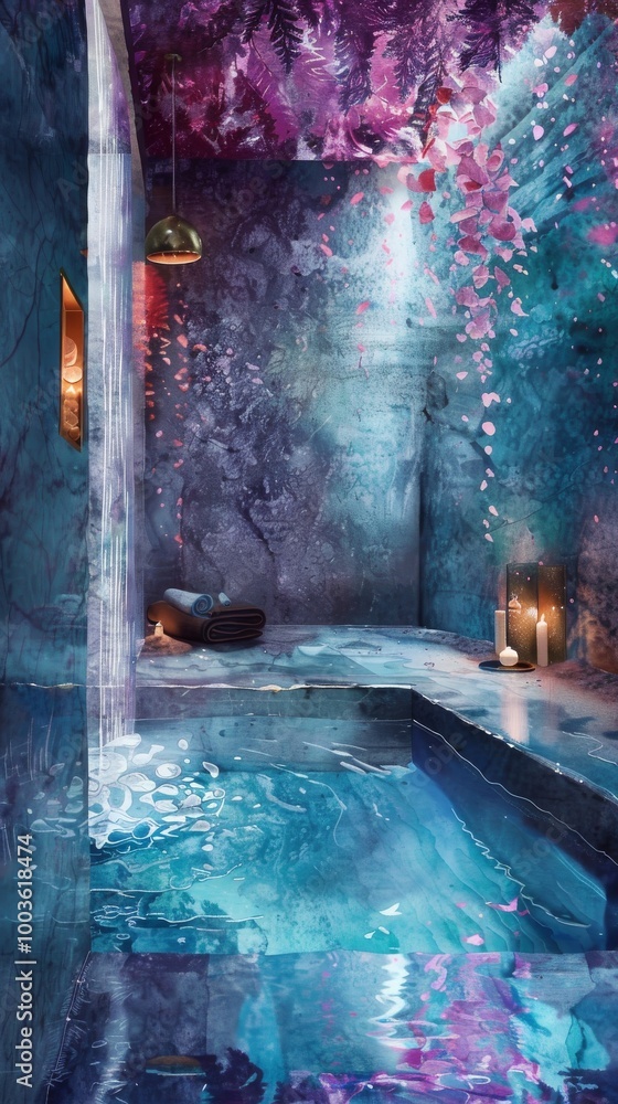 Sticker A painting of a bathroom with a waterfall and pink flowers. The mood of the painting is serene and calming