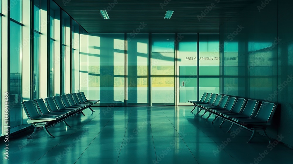Poster an empty waiting room at a large airport waiting for passengers