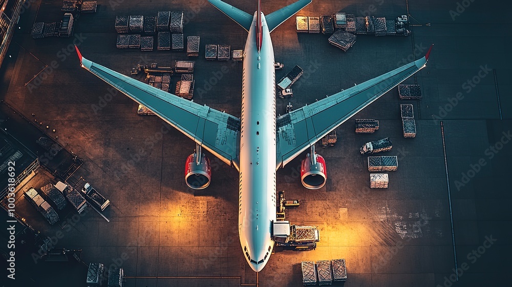 Poster An aerial view of a commercial airplane parked at the bustling airport terminal at night, with cargo being loaded 