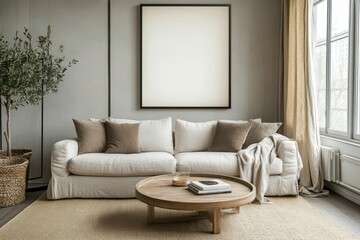 Round accent coffee table near beige sofa against wall with frame. Minimalist interior design of modern living room, Generative AI
