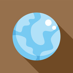 Simple vector illustration of a blue cartoon planet with oceans and continents floating in space, with a long shadow