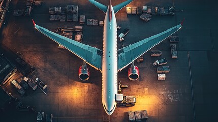 An aerial view of a commercial airplane parked at the bustling airport terminal at night, with cargo being loaded 
