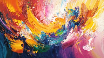 A vibrant, abstract painting with thick, swirling strokes of bright, saturated colors