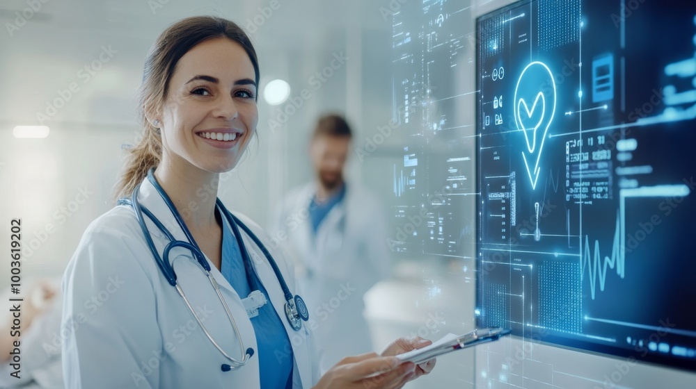 Poster nurse interacting with a patient while a plus icon is displayed on a digital screen in the backgroun