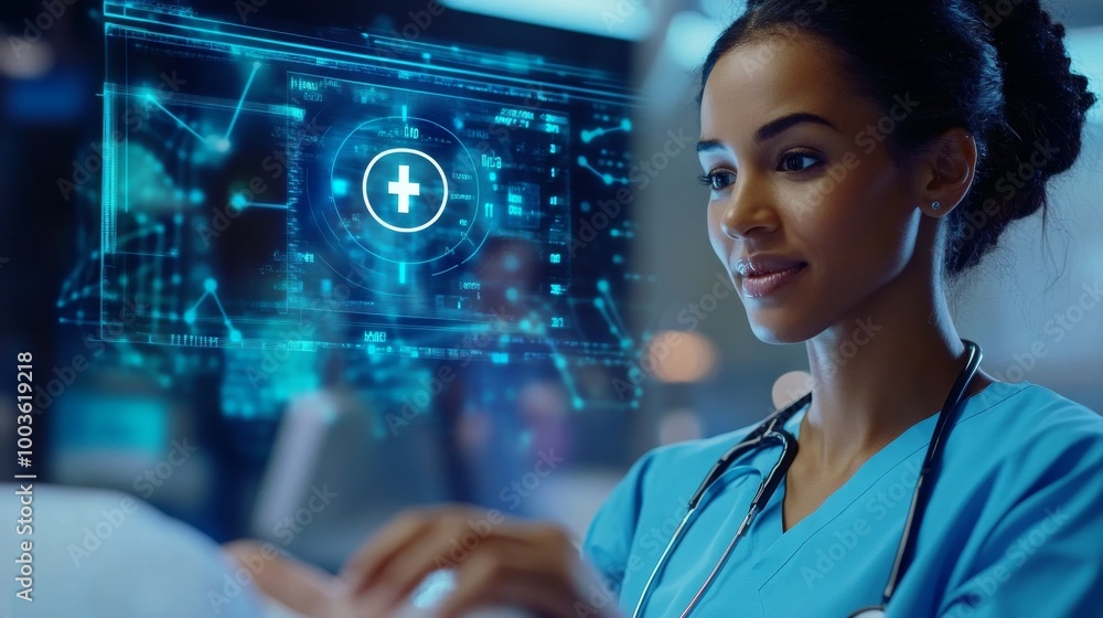 Aufkleber nurse interacting with a patient while a plus icon is displayed on a digital screen in the backgroun