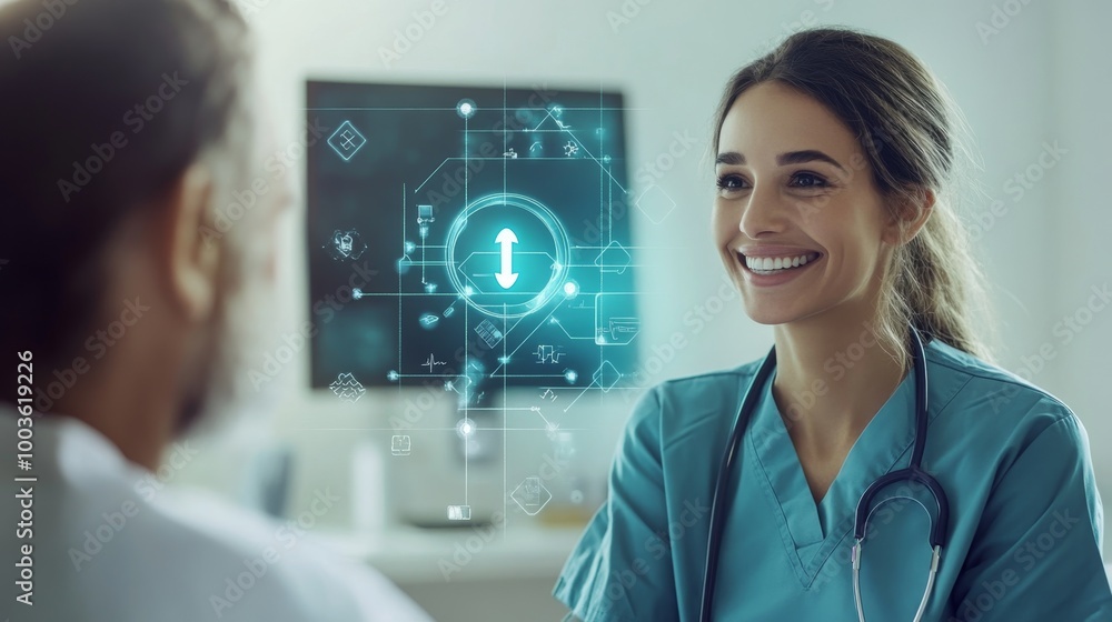 Poster nurse interacting with a patient while a plus icon is displayed on a digital screen in the backgroun