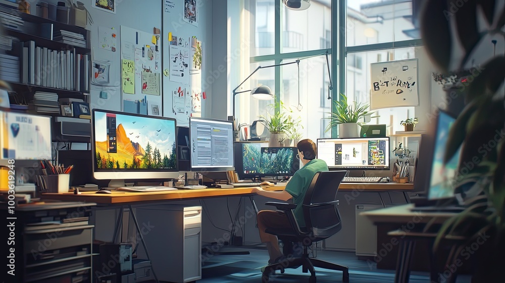 Poster a person sitting at a desk with multiple computer monitors in an office