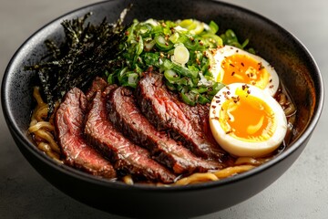 A gourmet Wagyu beef ramen bowl, filled with rich broth, tender beef slices, soft-boiled egg, seaweed, and vegetables, garnished with fresh scallions, all presented in a traditional ceramic bowl