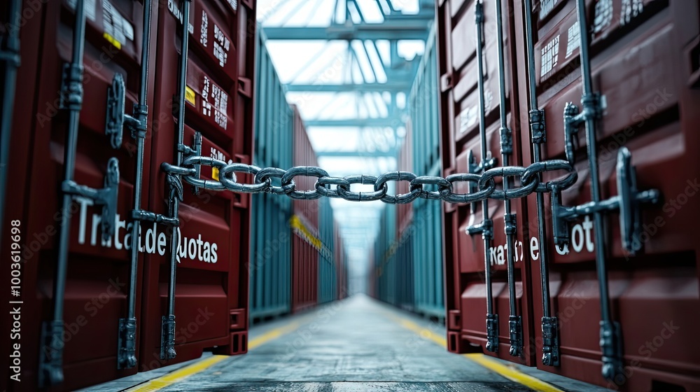 Poster secure cargo containers connected by a chain at a shipping terminal