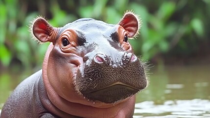 Fototapeta premium Close-up of a plump baby hippo drinking water in a Thailand zoo, with lush green surroundings. No people, no logo.