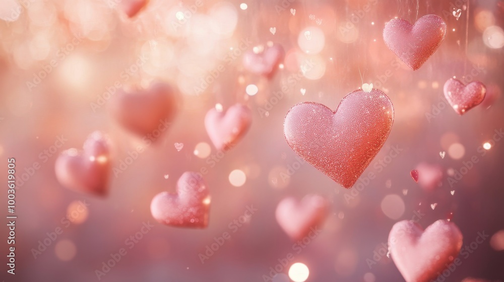 Poster romantic blush pink with floating heart shapes and a soft bokeh light effect, creating an enchanting