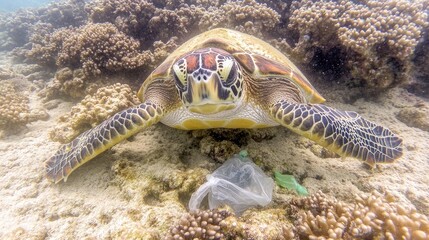 Fototapeta premium Close-up of a sea turtle navigating through the ocean with a plastic bag trailing behind, representing pollution. No people, no logo.