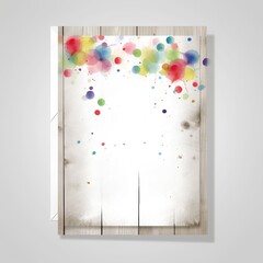 A wooden background with colorful watercolor paint splatters and dots.