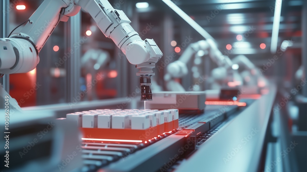 Poster advanced robotic arms assembling packages in a high-tech warehouse during peak operational hours