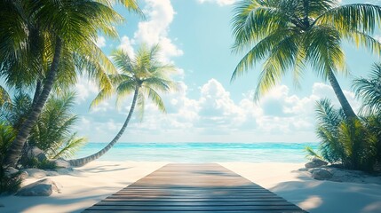 Fototapeta premium A tranquil beach scene on a sunny day with palm trees and a wooden walkway ideal for a horizontal banner with copy space image 