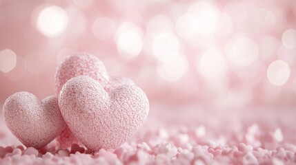 Fototapeta premium Romantic blush pink with intricate heart patterns and a soft bokeh effect, creating an enchanting Valentine Day backdrop