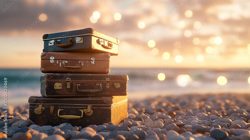 Poster a stack of vintage suitcases on a pebble beach with a golden sunset and bokeh lights in the backgrou