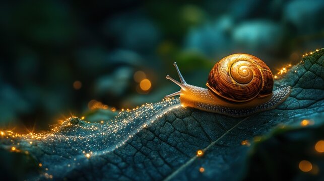 A snail crawls across a green leaf, illuminated by a magical golden glow.