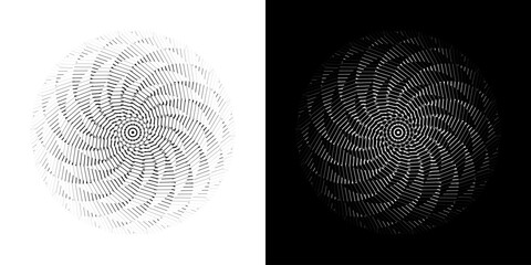 Abstract background with abstract line pattern in circles. Spiral art design as a logo or icon. A black figure on a white background and the same white figure on a black side. Mandala design with line