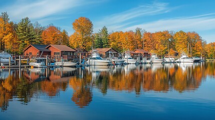 Fototapeta premium A lakeside marina with a picturesque view of cabin cruiser yachts providing a perfect copy space image 