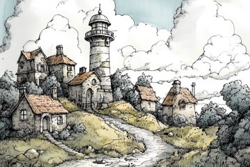 Unique pen illustration capturing the charm of village architecture alongside a scenic lighthouse.