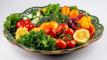 Colorful assortment of fresh vegetables arranged on a decorative plate.