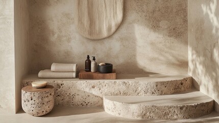 Rustic stone podium with a textured surface and natural hues, offering an earthy backdrop for artisanal products