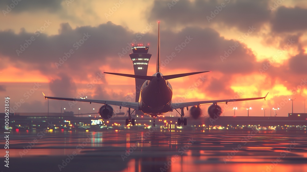 Poster A departing plane adds dynamism to the scene, with a sleek airport control tower in the background and ample copy space for text 8K , high-resolution, ultra HD,up32K HD