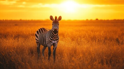 Obraz premium A zebra stands in golden grass at sunset, highlighting the beauty of wildlife in nature.