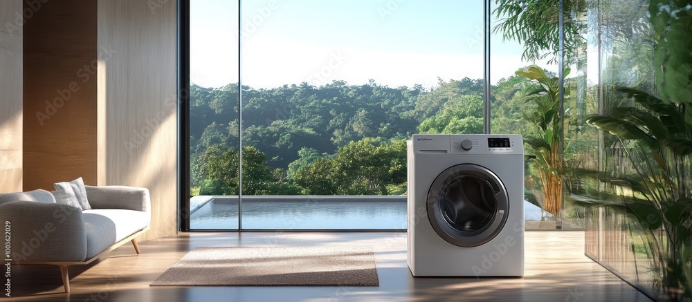 Poster Modern laundry room with a washing machine in front of large windows overlooking a lush green landscape and a swimming pool.