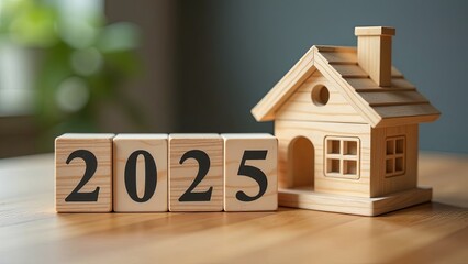 2025 blocks near the house. Concept of the real estate market in the new year. Business and financial concept, market analysis, real estate costs, housing prices, rent a house, 